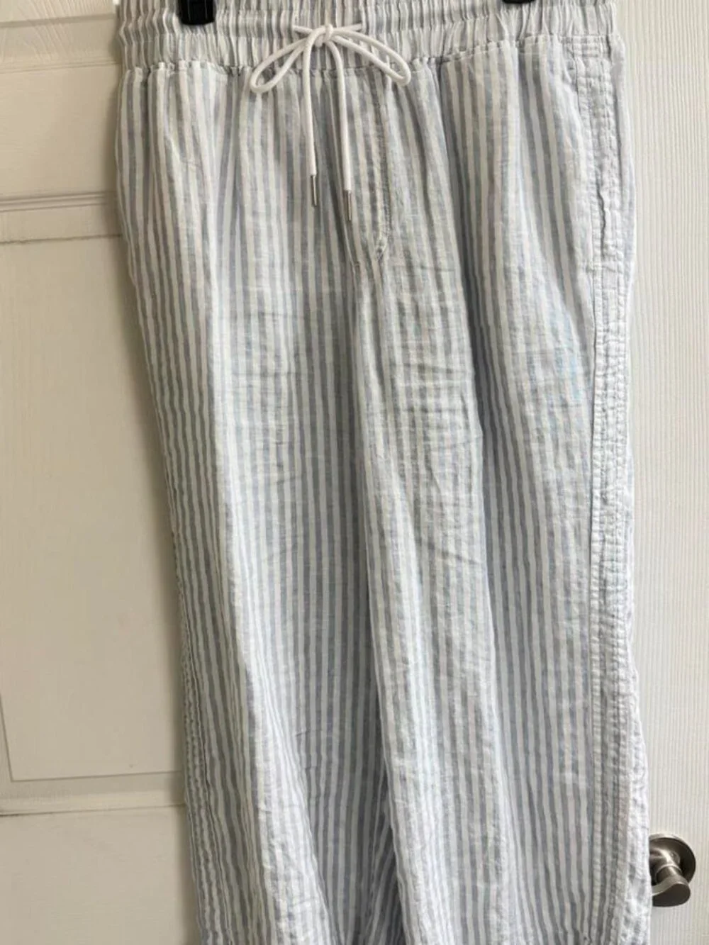 Quince 100% Linen Wide Leg Pants Sky Blue Mariner Stripe Size Large